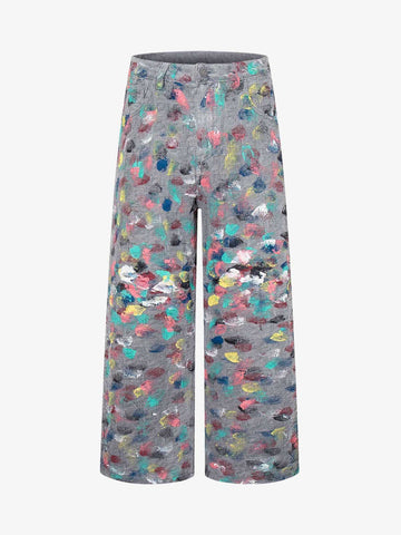 Hand-Painted Frayed Wide Leg Jeans 