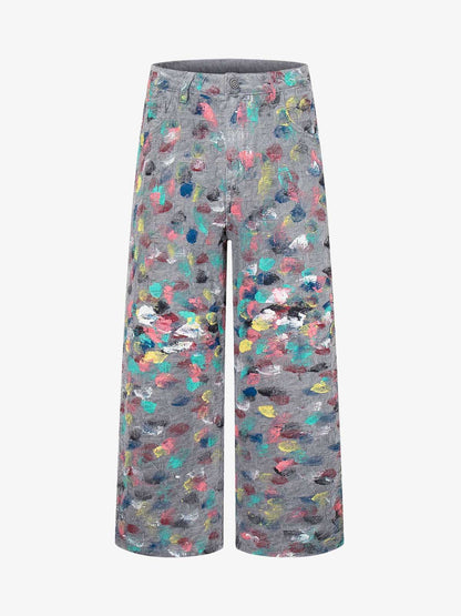 Hand-Painted Frayed Wide Leg Jeans 
