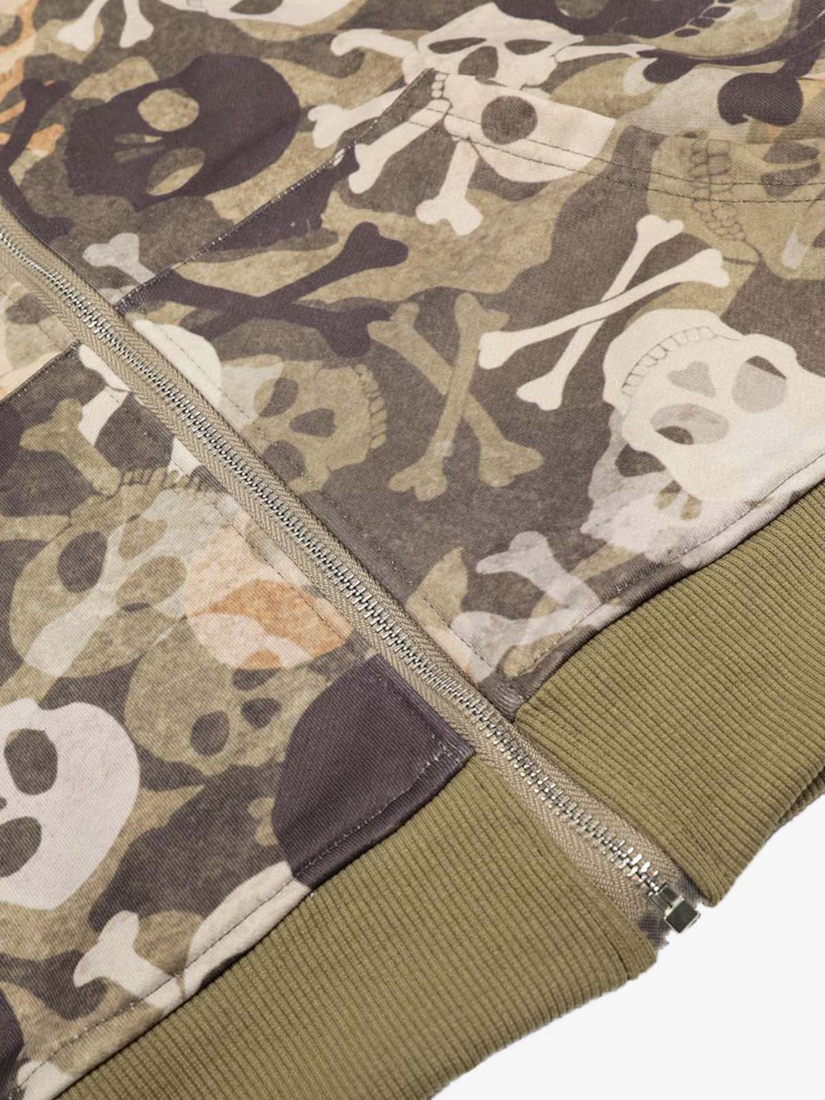 Camouflage Skull Print Bomber Jacket with Faux Fur Hood Trim 