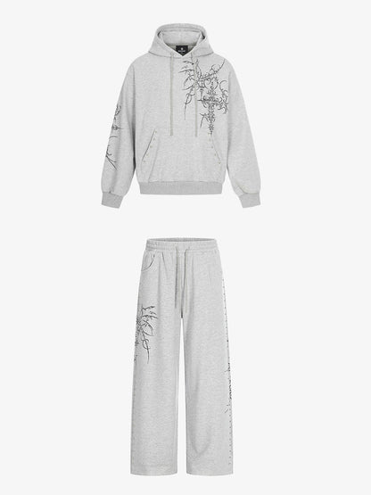 Embroidered Graphic Studded Hoodie and  Wide Leg Sweatpants Set