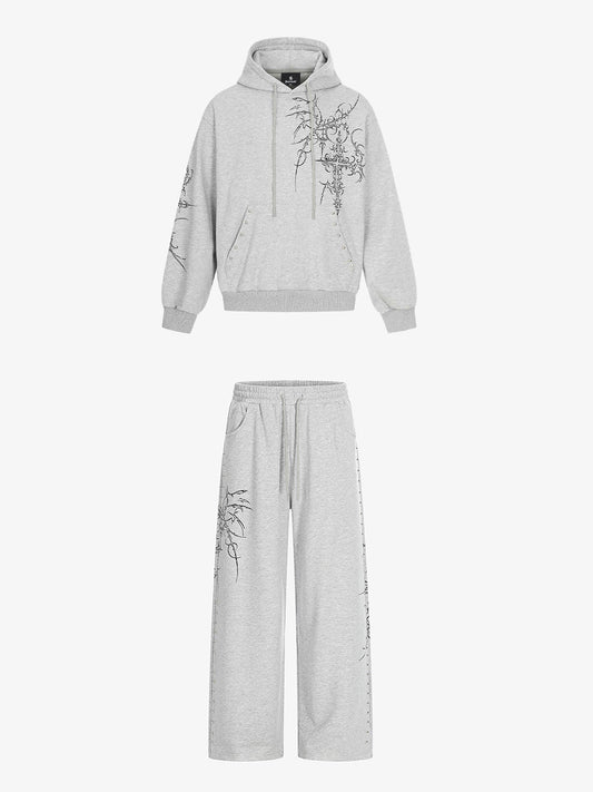 Embroidered Graphic Studded Hoodie and  Wide Leg Sweatpants Set