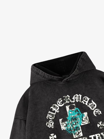 Letter Graphic Washed Distressed Hoodie