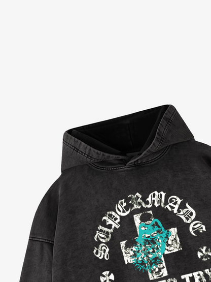 Letter Graphic Washed Distressed Hoodie