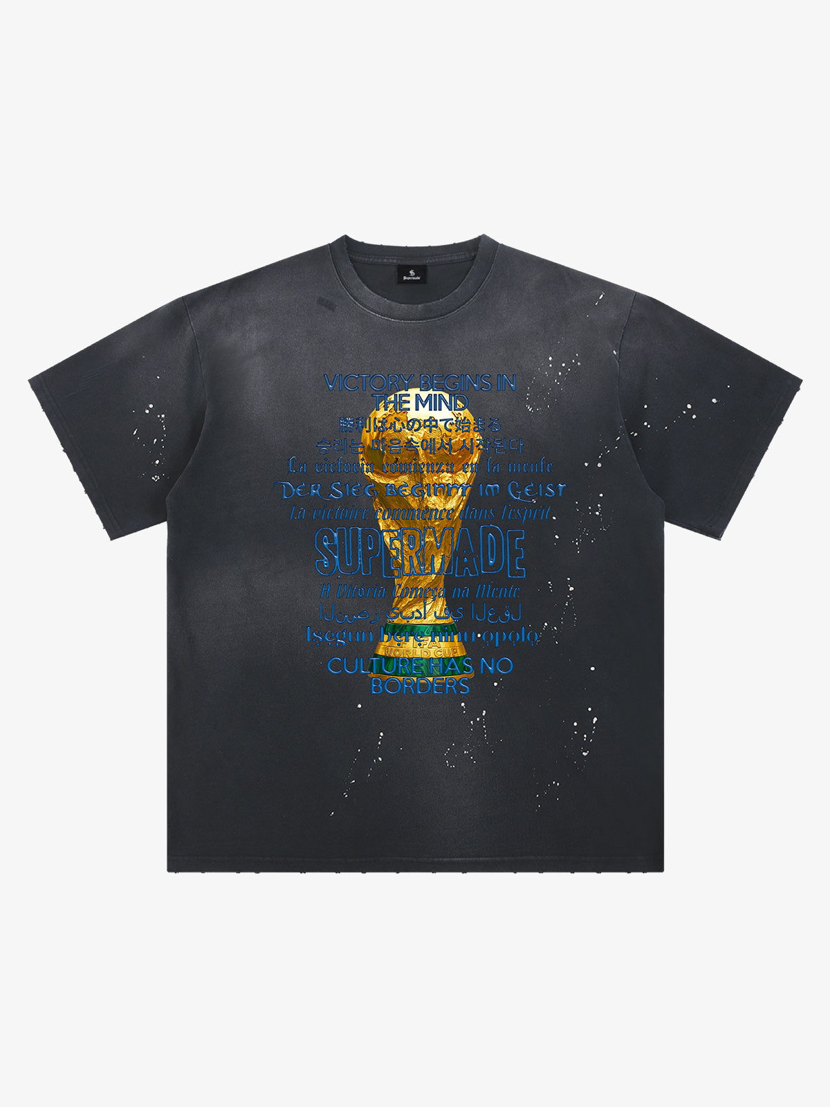 Heavy Wash Splash Ink Loose Edition Short Sleeve T-Shirt with "FIFA" World Cup Motif printed with the "FIFA" motto and multilingual design motif 