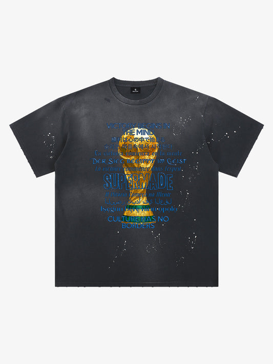 Heavy Wash Splash Ink Loose Edition Short Sleeve T-Shirt with "FIFA" World Cup Motif printed with the "FIFA" motto and multilingual design motif 