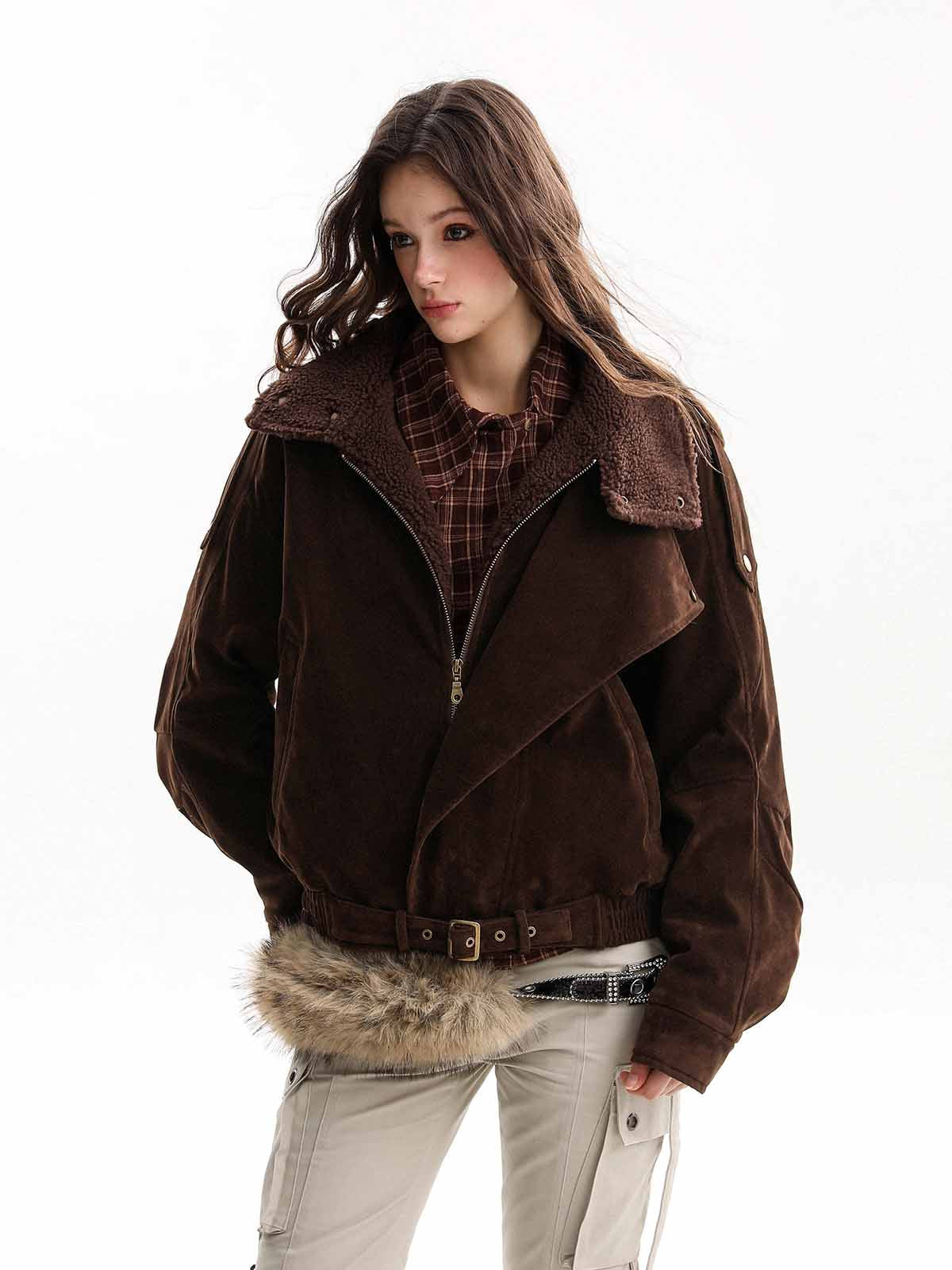 Retro Lambswool Stand Collar Asymmetrical Suede Padded Jacket 