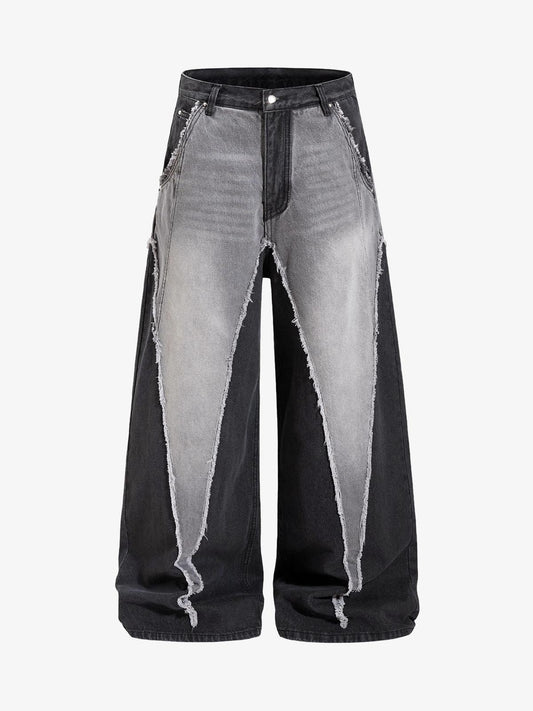 Contrast Raw Edge Curved Panelled Baggy Jeans