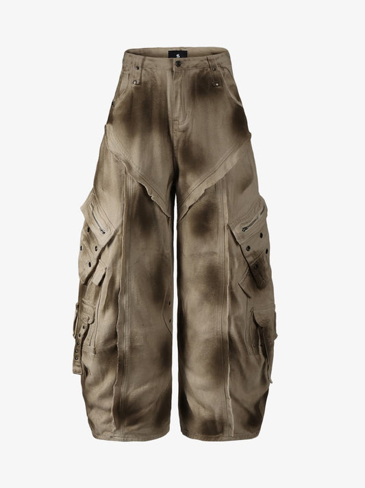 Retro Heavy Wash Gradient Cargo Barrel Jeans 