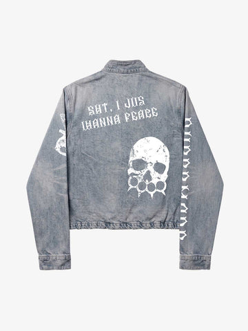 Anti-War Graphic Stand-Collar Denim Zip Jacket