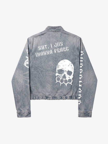 Anti-War Graphic Stand-Collar Denim Zip Jacket