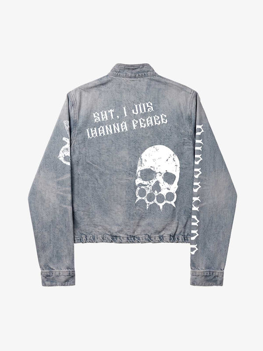 Anti-War Graphic Stand-Collar Denim Zip Jacket