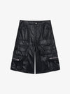 Faux Leather Cargo Shorts for Men - Black Oversized Utility Shorts with Multiple Pockets and Zipper Details 