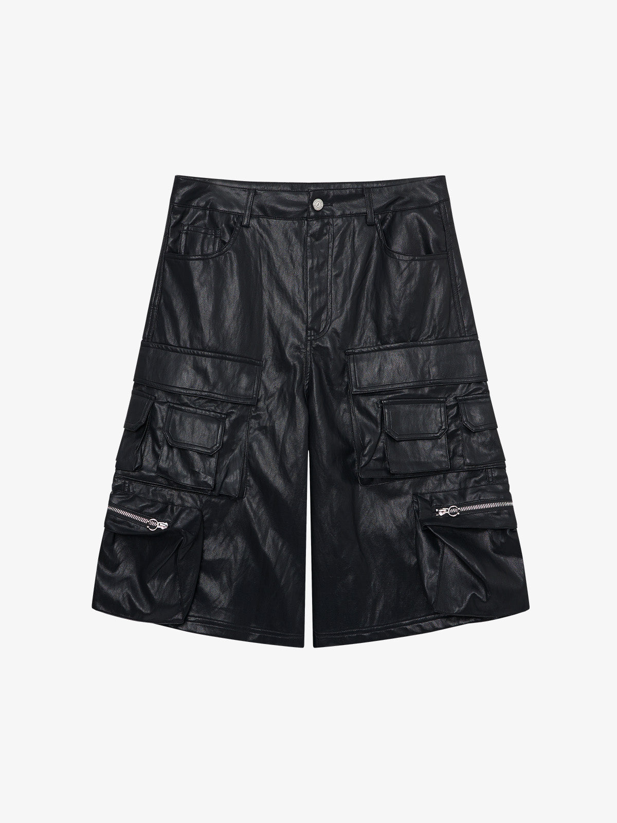 Faux Leather Cargo Shorts for Men - Black Oversized Utility Shorts with Multiple Pockets and Zipper Details 