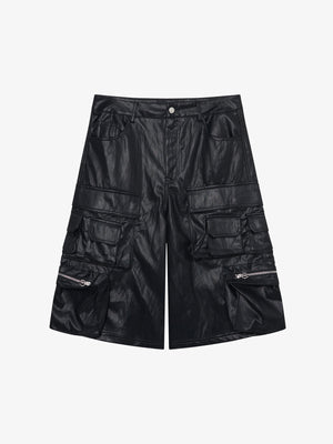 Faux Leather Cargo Shorts for Men - Black Oversized Utility Shorts with Multiple Pockets and Zipper Details 