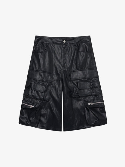 Faux Leather Cargo Shorts for Men - Black Oversized Utility Shorts with Multiple Pockets and Zipper Details 