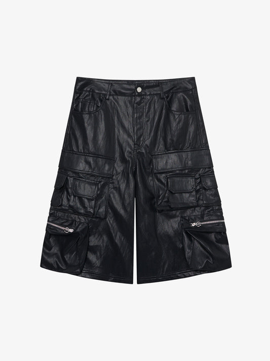 Faux Leather Cargo Shorts for Men - Black Oversized Utility Shorts with Multiple Pockets and Zipper Details 