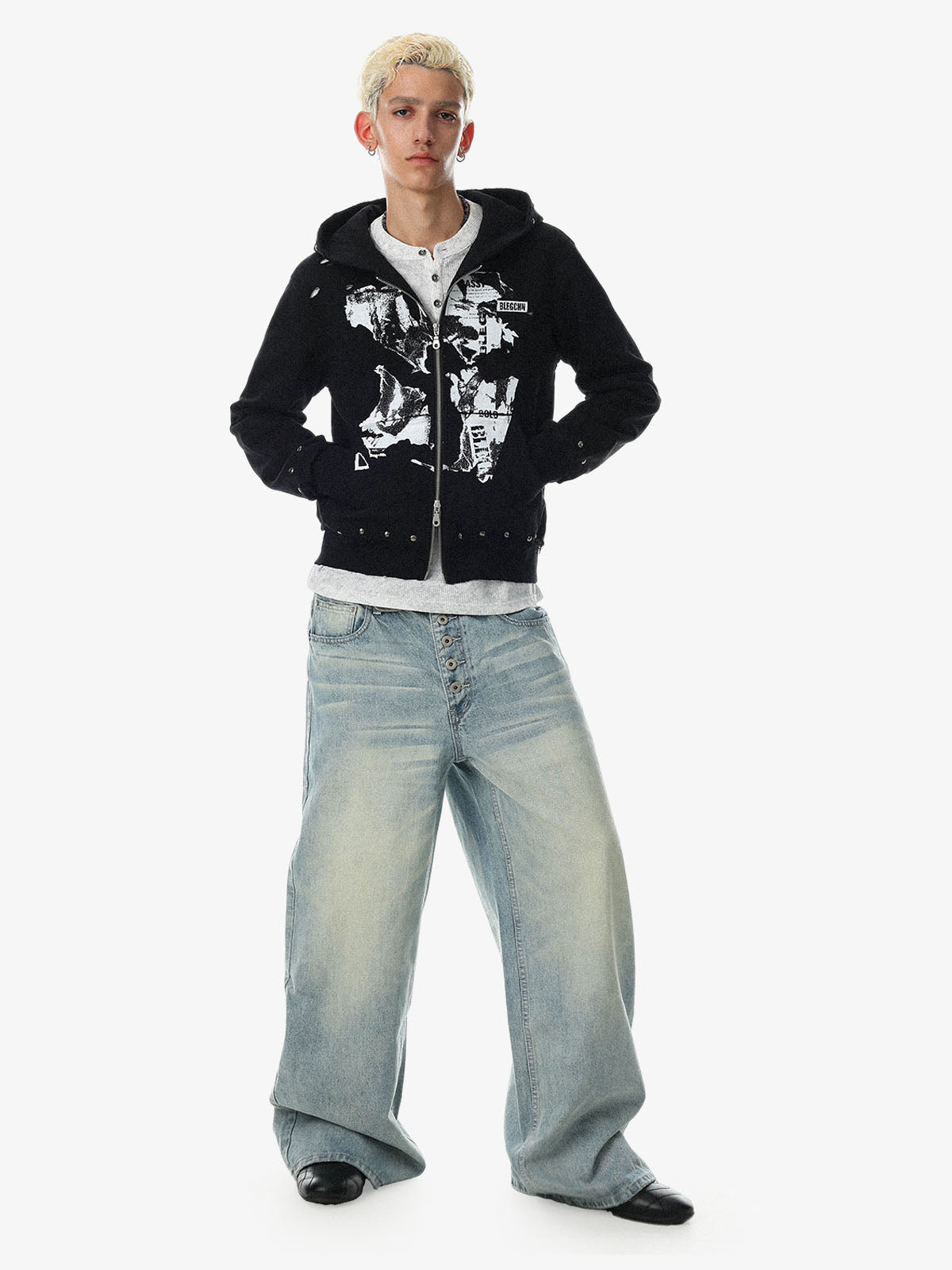 Studded Zip-Up Hooded Sweatshirt Jacket