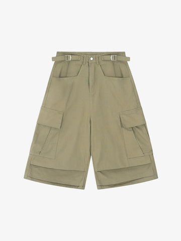Urban Techwear Side Buckle Layered Hem Cargo Shorts 