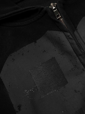 Striped Patchwork Distressed Washed Boxy Zip-Up Hoodie