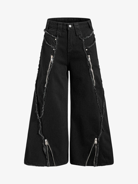 Deconstructed Zipper-Spliced Whiskered Raw-Hem Jeans