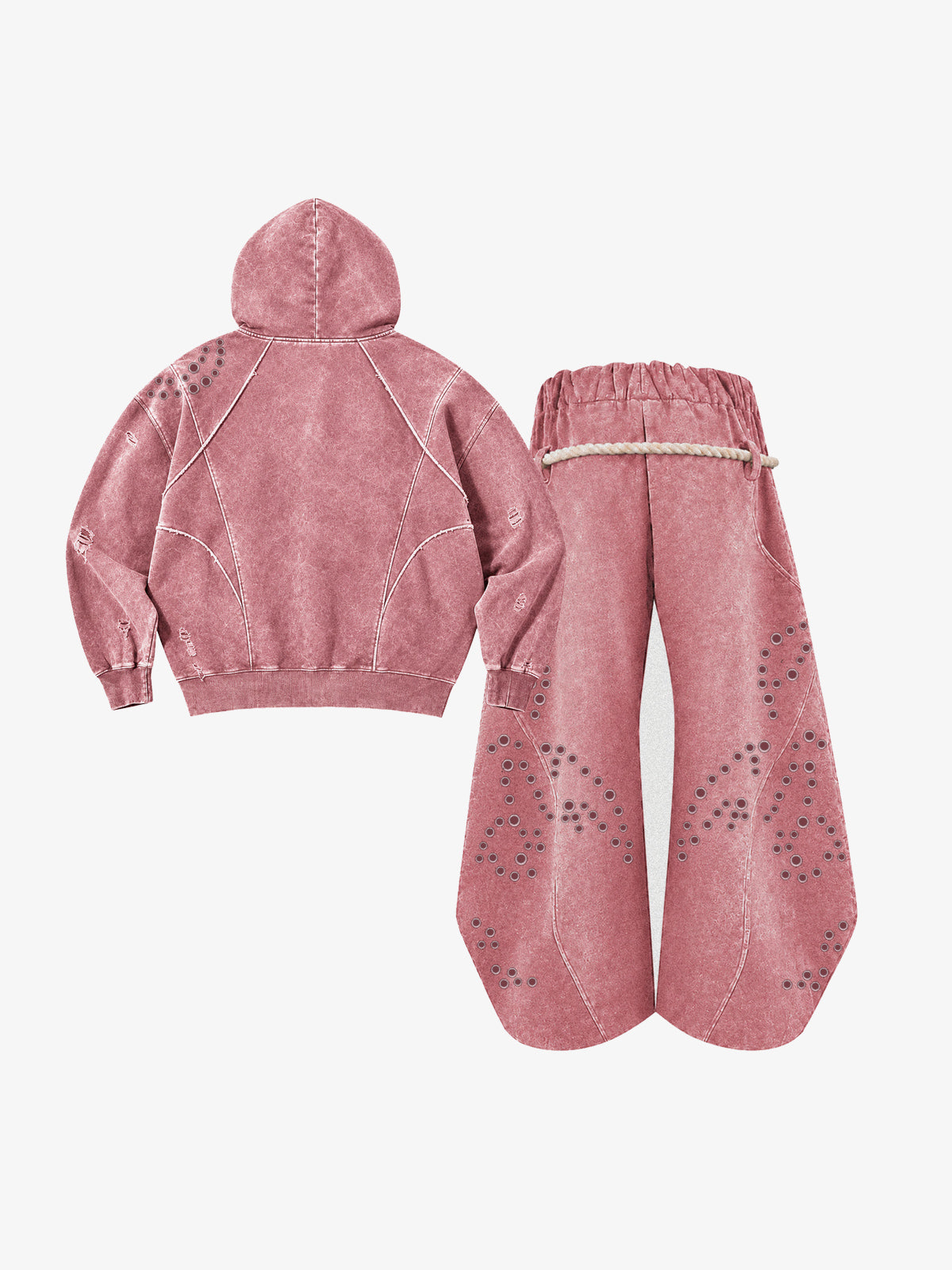 Washed Eyelet Distressed Hoodie & Curved-Leg Sweatpants Set