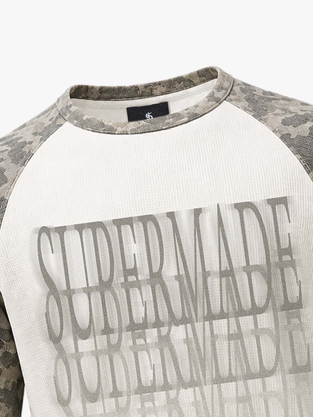 Waffle Knit Camo Raglan T-Shirt with Graphic Print