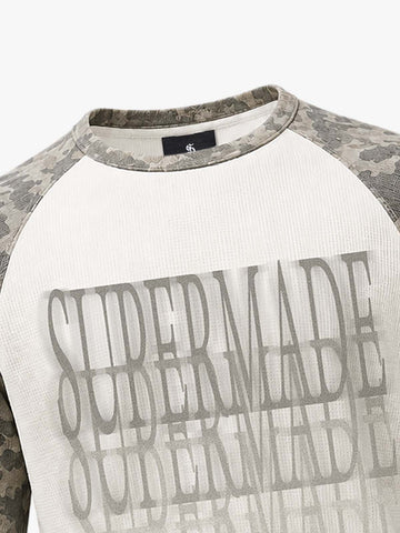 Waffle Knit Camo Raglan T-Shirt with Graphic Print