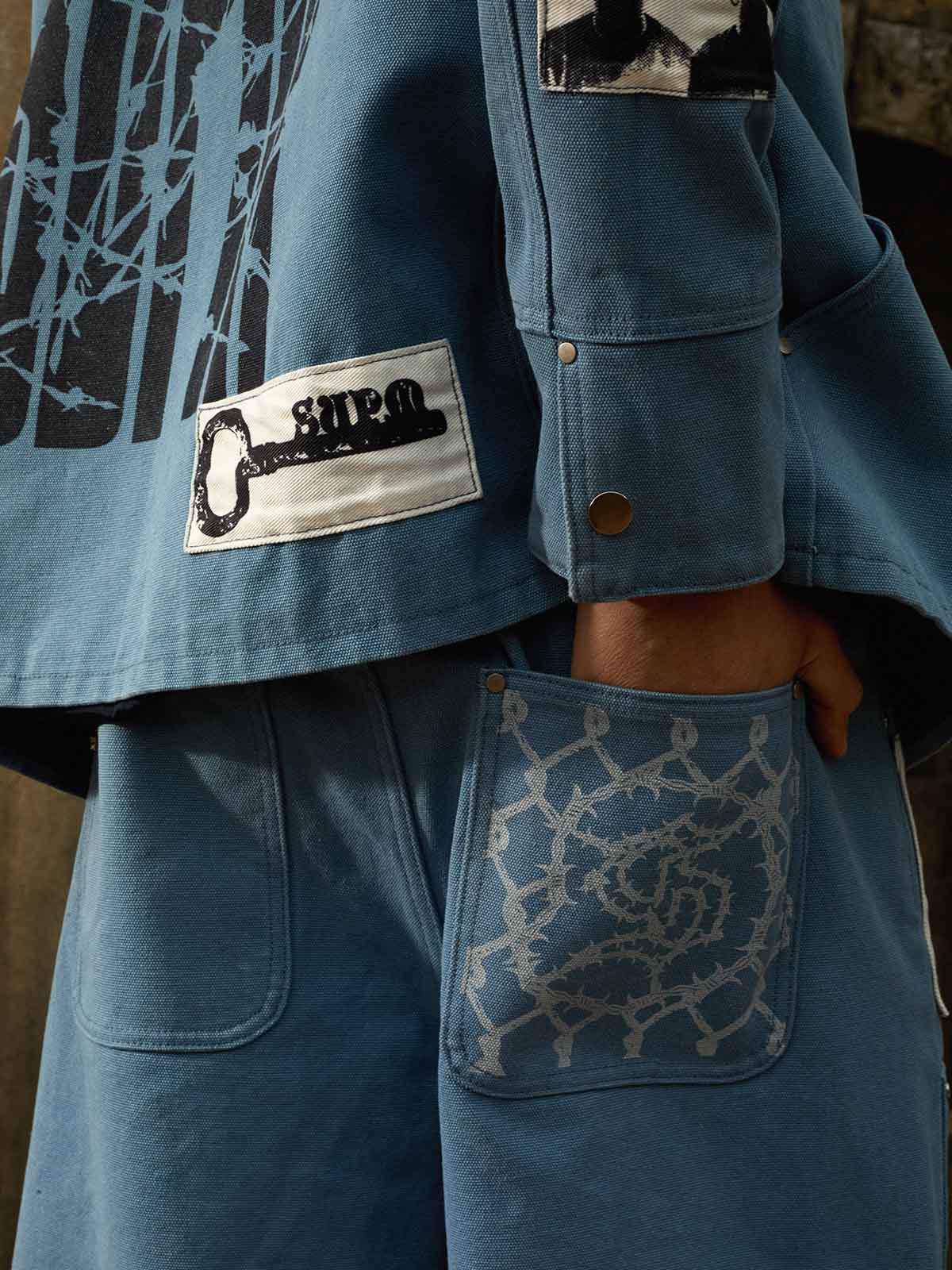 Supermade Multi-Element Appliqué Patchwork Denim Suit 