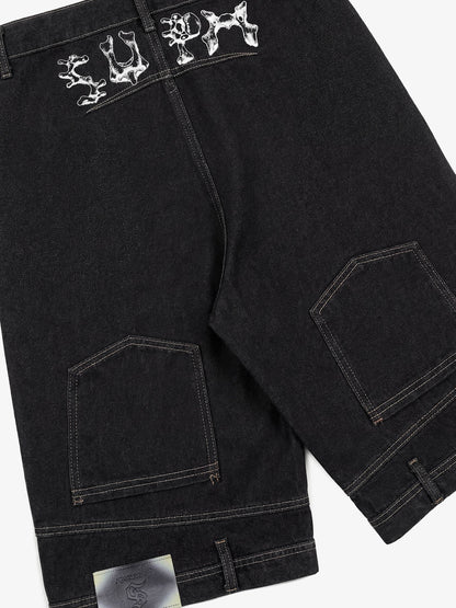 Denim Wide Leg Shorts with Skeleton Logo Embroidery and Patch Detail 