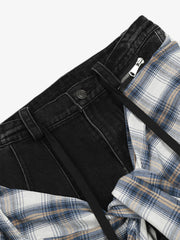 Denim Faux Two-piece Plaid Detachable Scimitar Jeans - 2435 