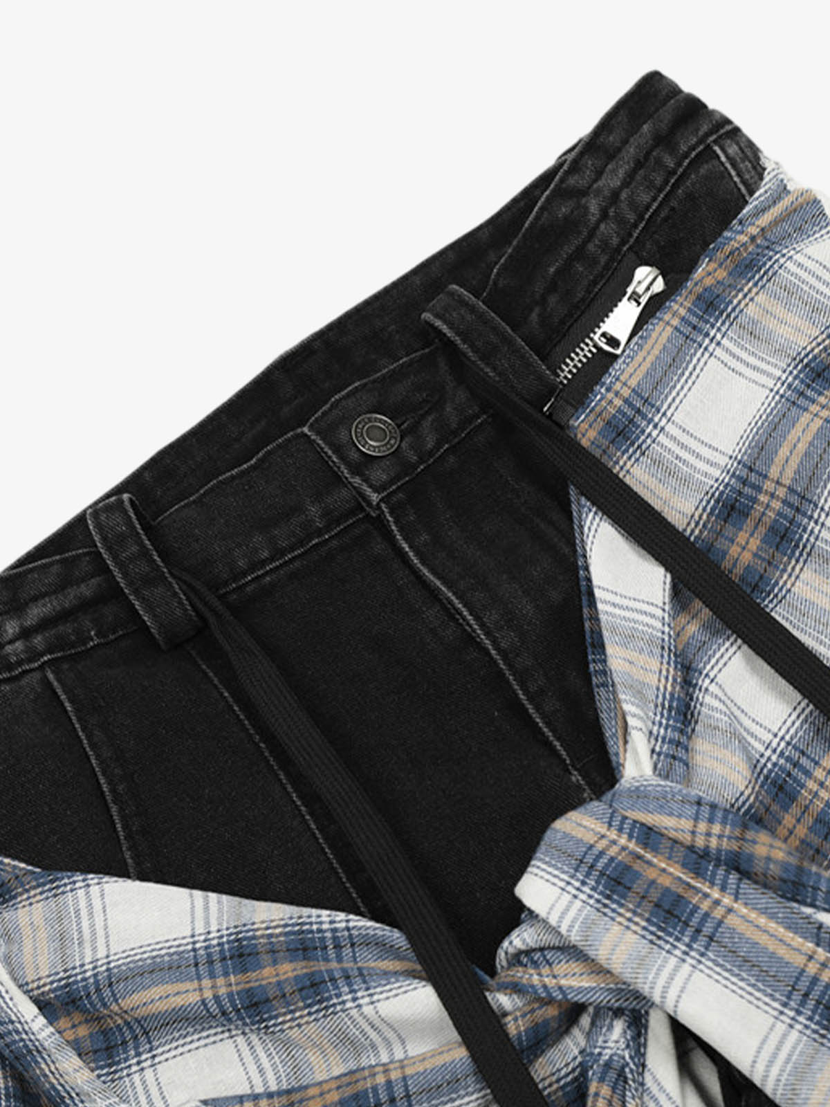 Faux Two-piece Plaid Detachable Scimitar Jeans 