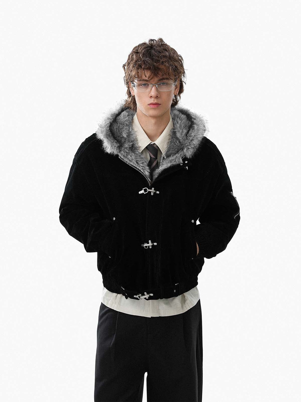 Retro Fur Collar Suede Toggle Closure Padded Bomber Jacket 