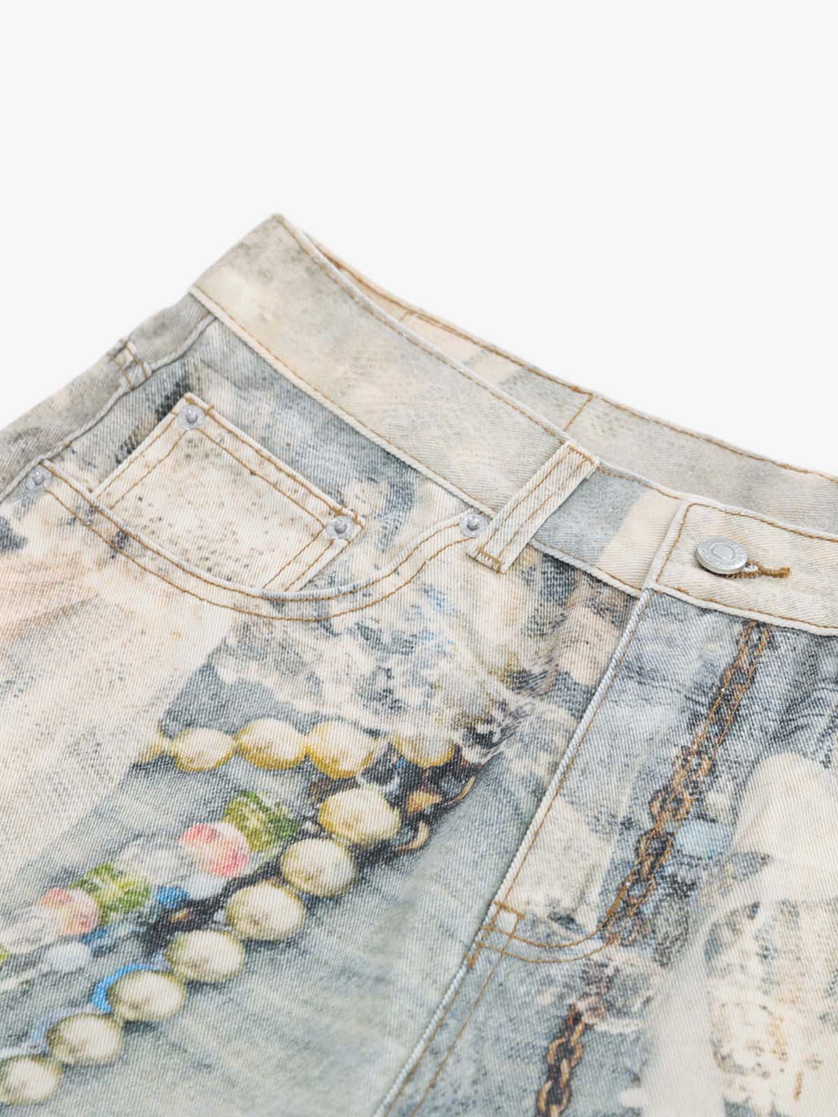 Jewelry Pearl Graphic Print 3D Effect Denim Shorts 