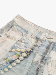 Jewelry Pearl Graphic Print 3D Effect Denim Shorts 