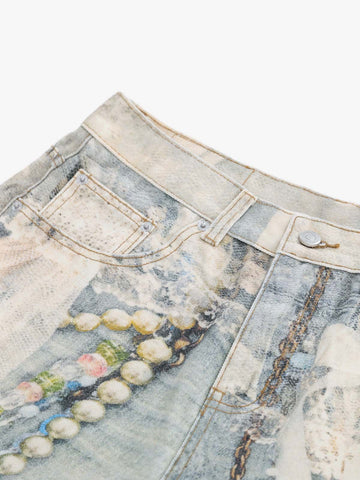 Jewelry Pearl Graphic Print 3D Effect Denim Shorts