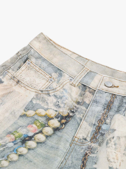Jewelry Pearl Graphic Print 3D Effect Denim Shorts