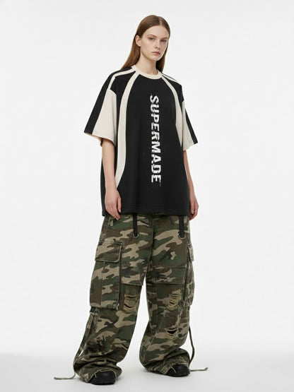 Thesupermade Vertical Glitch Art Deconstruction Contrast Color Stitching Print T-shirt 