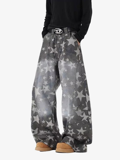 Denim Star Print Wide Leg Pants with Elastic Cuff for Casual Streetwear 