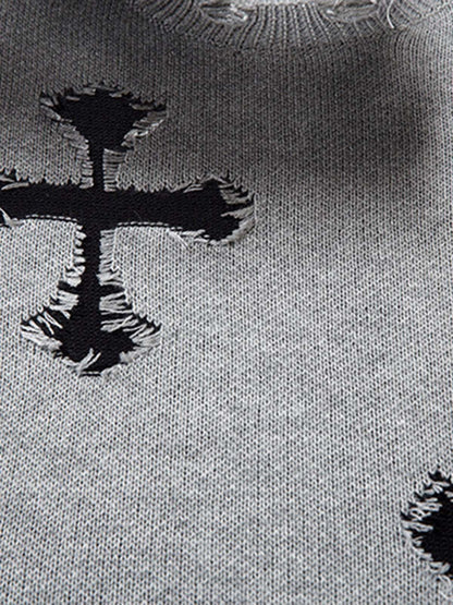 Vintage Spray-Painted Cross Hole Knit Sweater 