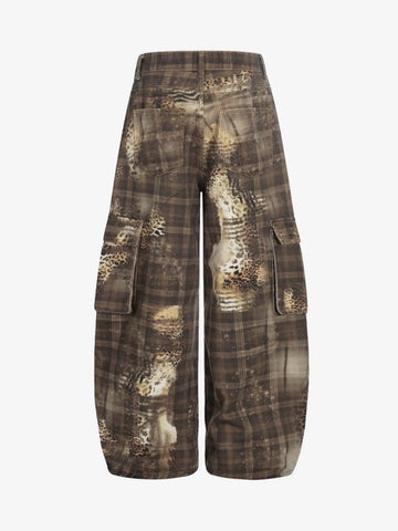 Plaid Leopard Print Cargo Barrel Jeans 