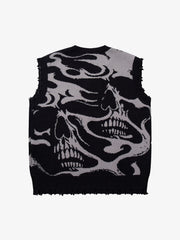 High Street Dark Skull Frayed-edge V-neck Sweater Vest 