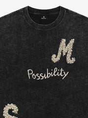 Vintage Washed Pearl Letter Graphic T-Shirt 