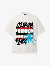 Oversized Flame Logo Skull Print T-Shirt with Ripped Hem 