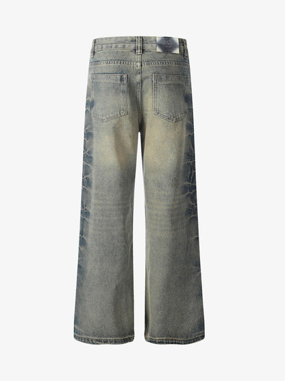 Washed Floral Graphic Flared Jeans
