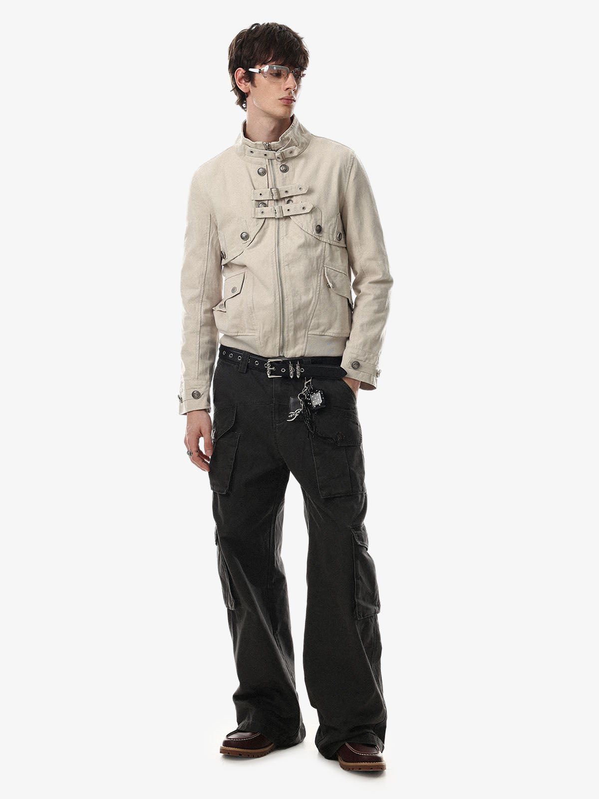 Metal Buckle Stand-Collar Cropped Utility Jacket