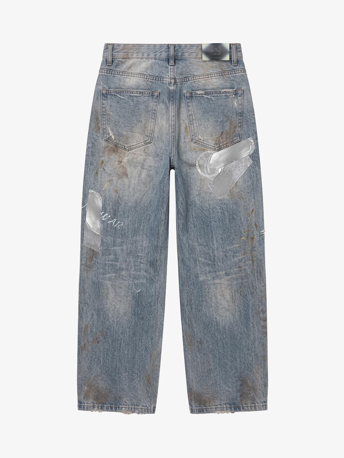 Foil-Tape Distressed Ripped Heavyweight Jeans