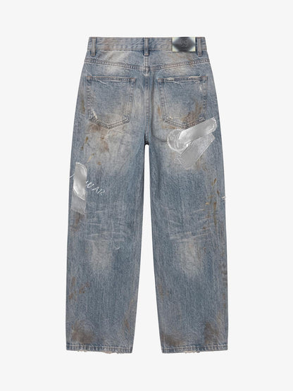 Foil-Tape Distressed Ripped Heavyweight Jeans