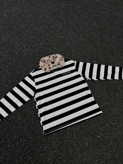 Striped Detachable Fur Collar Long-Sleeve T-shirt - 2397 