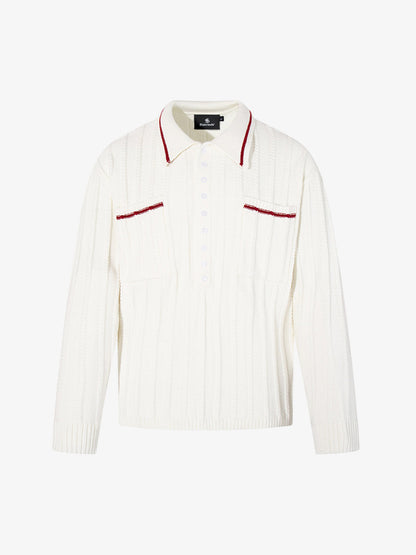 Retro Contrast Trim Ribbed Knit Polo Sweater 