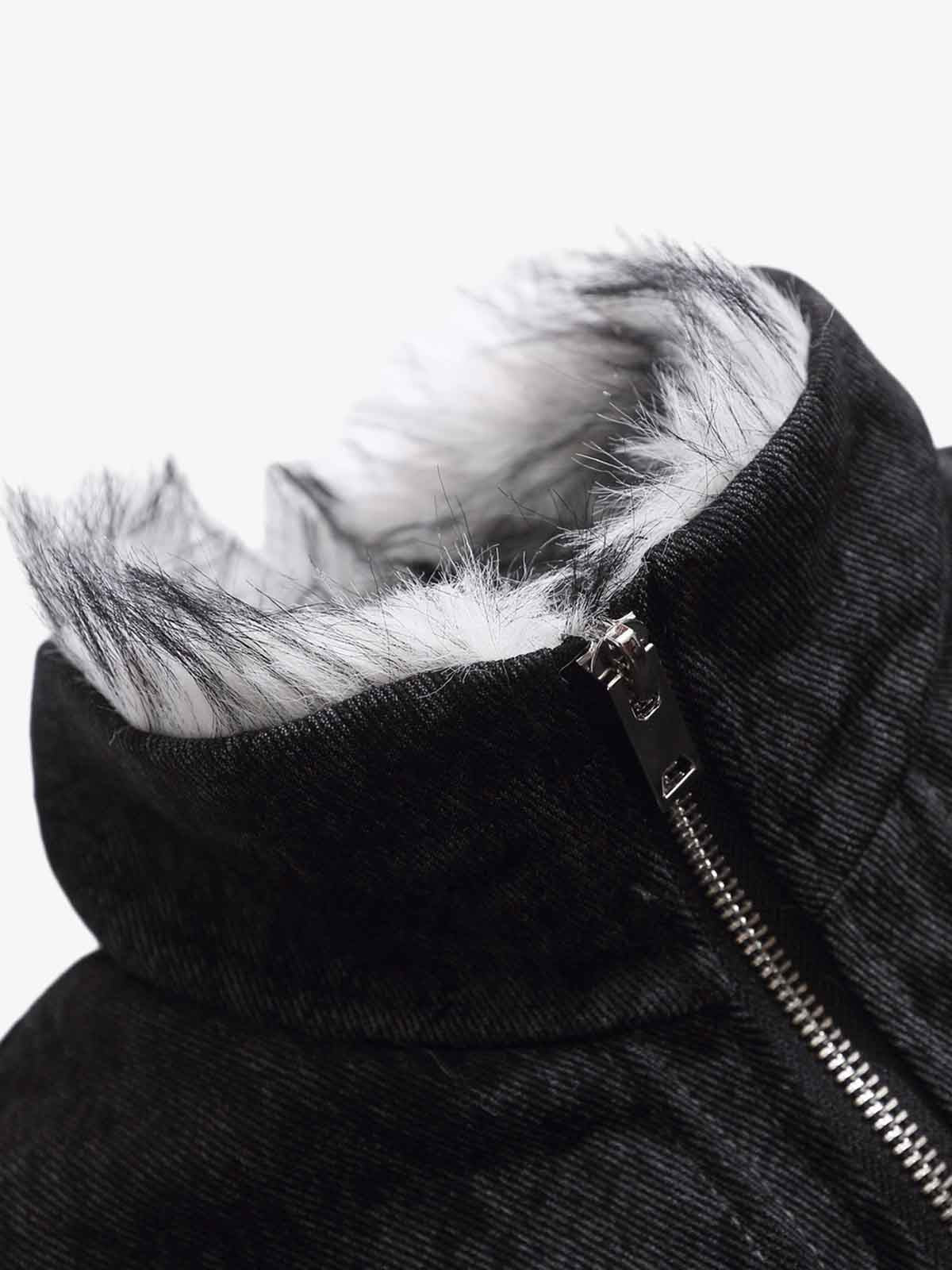 Vintage Metal Buckle Faux Fur Trim Padded Denim Jacket 